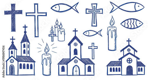 Collection of Christian Symbols and Churches Hand Drawn Style.