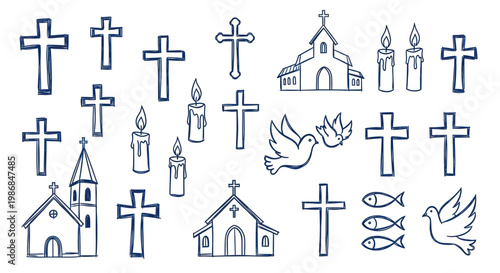 Collection of Christian Symbols and Religious Icons Hand Drawn Style.