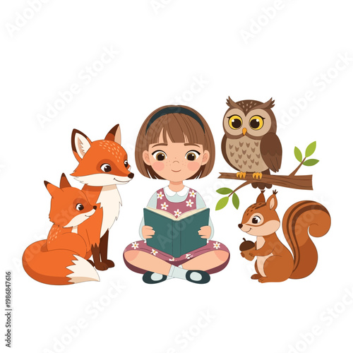 Girl Reading Book with Forest Animals: Fox, Owl, Squirrel