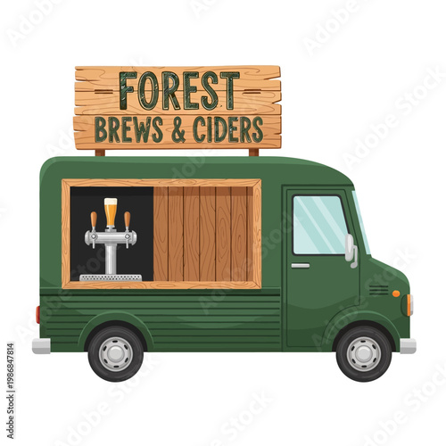 Green Forest Brews & Ciders Food Truck with Beer Tap and Wooden Sign