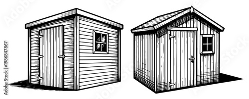 Wooden garden sheds and backyard storage cabins in vintage engraving style