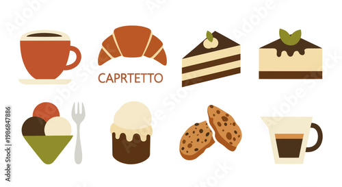 Collection of delicious desserts and coffee drinks for a cafe menu.