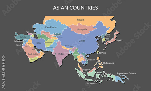 Asian countries borders isolated on black background. Vector flat template.