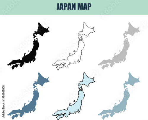 Collection of Japan map outlines with diverse styles and colors on a clean background