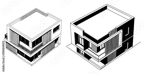 Modern cuboid house architectural designs in minimalist black and white style