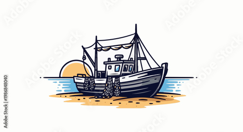 Fishing boat rests on sandy shore at sunset with nets