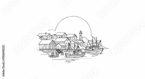 Fishing village scene with boats and lighthouse