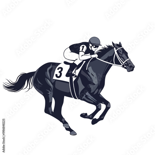 Horse racing jockey riding a dark horse with number 3 on its saddle cloth, dynamic action illustration