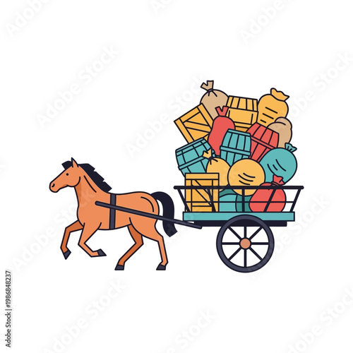 Horse pulling cart full of cargo, illustration, vector art