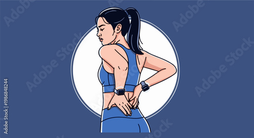 Fit woman in blue sportswear experiencing back pain while exercising