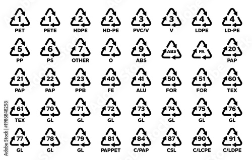 Recycle symbol line icon set. Recycling codes for plastic, paper and metals as well as other materials. Triangular sign. Vector Illustration.