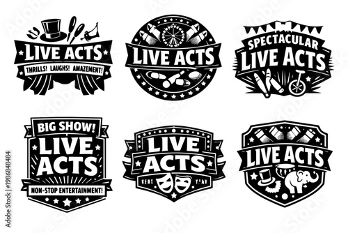 Live acts entertainment badges collection including vintage carnival shows, circus performances and theater festivals