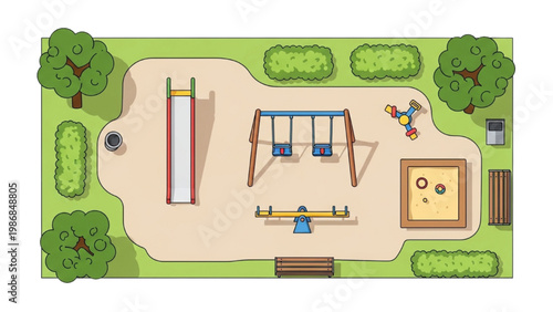 Aerial view of kids playing on vector 2D CAD designed playground equipment surrounded by trees.