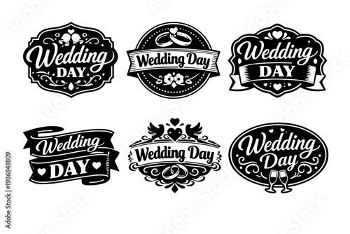 Wedding day labels featuring rings, hearts, bells, and doves, creating charming vintage-style designs for a special celebration