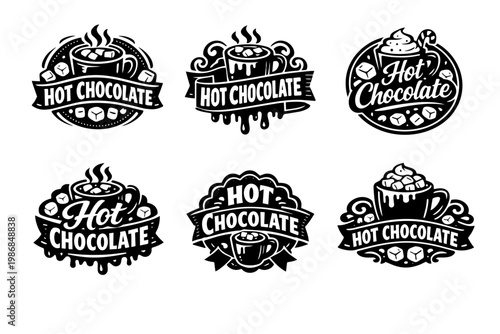 Hot chocolate labels set. Black and white logo collection presenting warm cocoa drink with marshmallows and cream in mugs