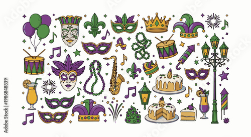 Festive Mardi Gras elements including masks, crowns, drums, cakes, and drinks