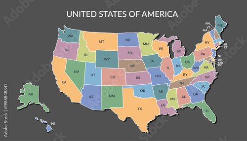 A detailed political map of the United States of America with an abbreviated names of states20. Vector flat clipart.