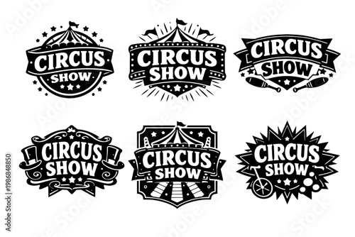 Circus show badges, logos, and emblems representing a fun carnival spectacle with entertainment elements