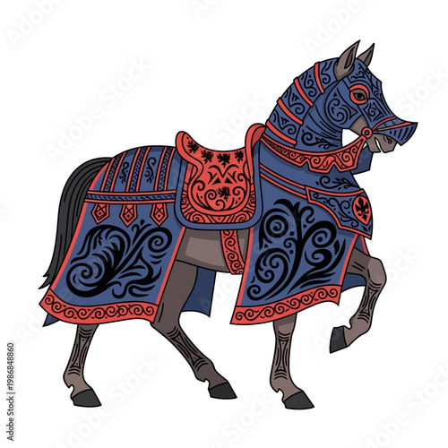 Ornate Medieval War Horse with Decorative Armor and Saddle
