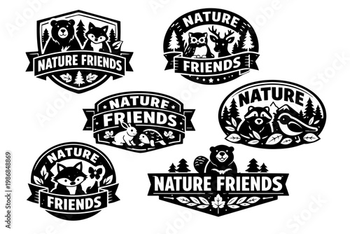 Collection of nature and outdoor adventure emblems, featuring various forest animals like bears, foxes, owls, deer, raccoons