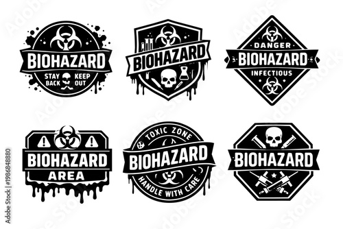 Biohazard badges set for toxic warning or infectious danger, creating a collection of hazardous symbols