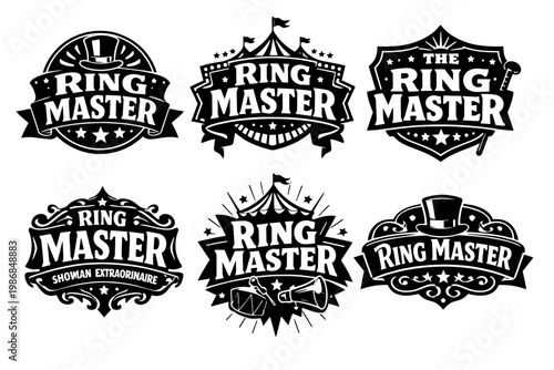 Ring master circus show emblem designs with top hat, tent, stars, megaphone. Creating vintage carnival entertainer badges