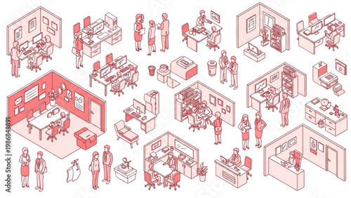 Various office workers interact in vector 2D CAD designed spaces