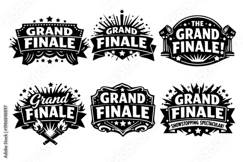 Grand finale entertainment labels set. Emblems for theater shows, spectacular performances, and celebratory events