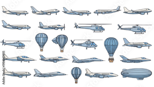 Various vector 2D CAD aircraft and air vehicles in flight