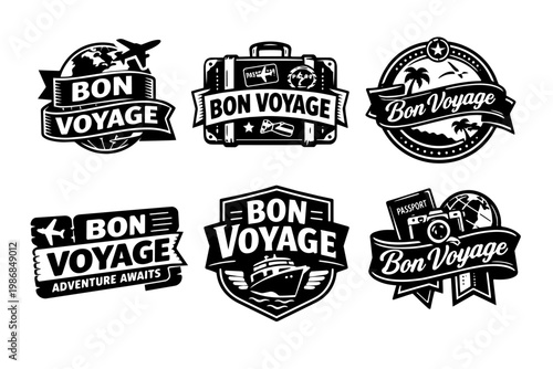 Bon voyage travel badges set with airplane, ship, suitcase, passport, camera, and globe for adventure getaway concepts