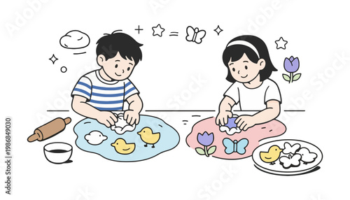 Children playing with colorful eggs and toys on the floor indoors