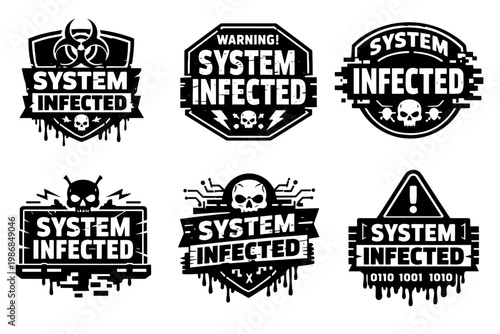 System infected warning collection, presenting digital security breach, cyber attack, and malware alert concepts