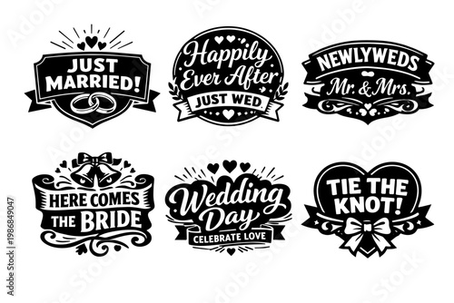 Wedding day celebration emblems with just married, happily ever after, newlyweds, and tie the knot messages