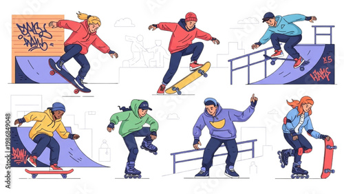 Skateboarders perform tricks on ramps in a vector 2D CAD designed skatepark scene