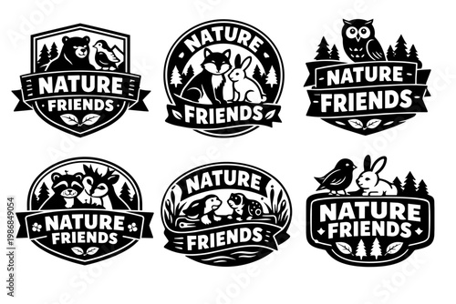 Nature friends badges collection with wild animals, forest, and tree elements, showing wildlife and conservation concepts