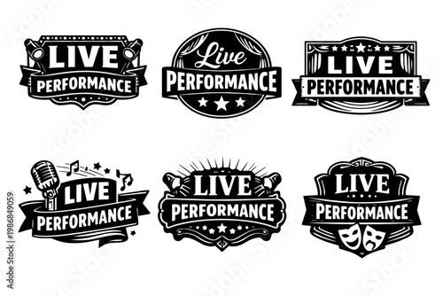 Live performance badges and emblems collection for music, concert, theater, and entertaining events with microphones and masks