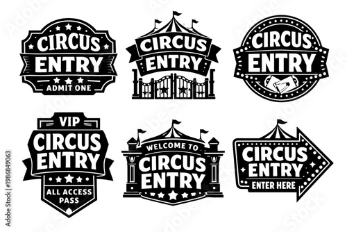 Circus entry badges and labels collection for carnival fair admission, vintage entertainment events and festival access