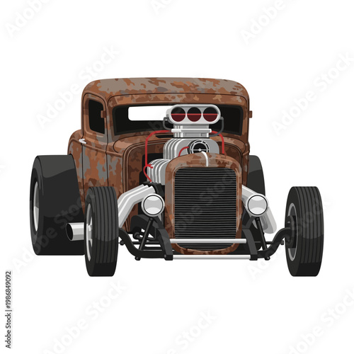 Rusty Hot Rod Coupe with Supercharger, Classic American Muscle Car