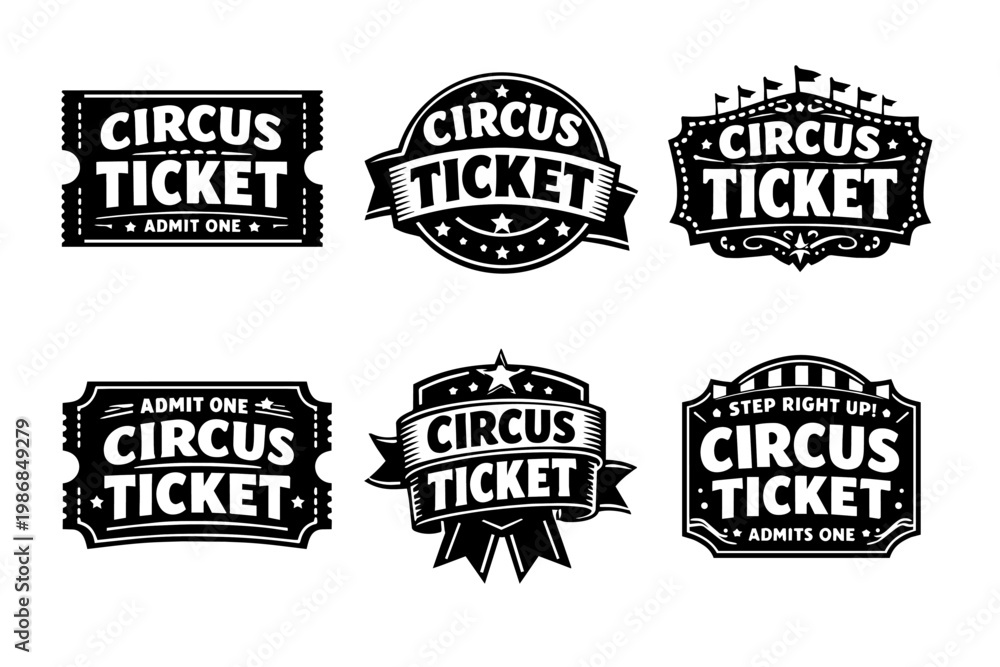 Fototapeta premium Circus ticket badge collection providing vintage carnival entertainment event passes and admission tickets