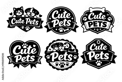 Cute pets emblem collection featuring various animal characters and paw print motifs for pet care branding