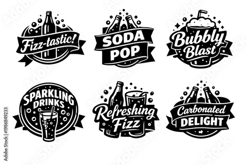 Soda pop fizzy drinks logos set, featuring bubbly beverages bottles, glasses, and refreshing elements for branding and labels
