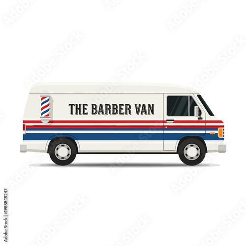 The Barber Van: Mobile Haircut Service Van with Classic Barber Pole Stripe