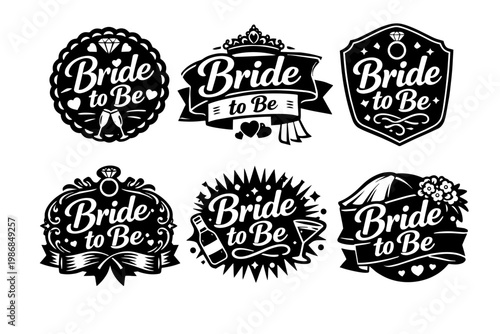 Set of bride to be typography logos, emblems, and stickers featuring rings, champagne, tiaras, and veils