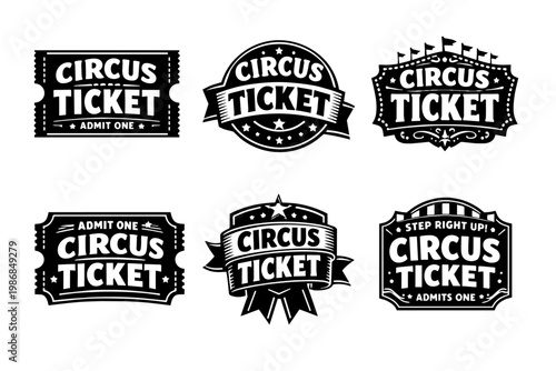 Circus ticket badge collection providing vintage carnival entertainment event passes and admission tickets
