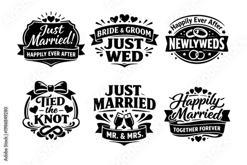 Wedding badges set with celebratory marriage quotes, symbols, and typography for newlywed couples