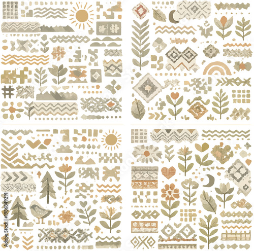 Boho tribal vector elements set, hand drawn ethnic folk art illustrations. Earthy neutral botanical icons and geometric patterns for branding and scrapbooking