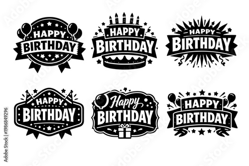 Happy birthday celebration emblems set forming decorative greetings, typography, ribbon banners, cakes, balloons, and stars icons