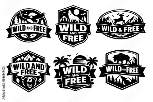 Wild and free nature emblem collection featuring animals, mountains, and forests for outdoor adventure and wildlife conservation concepts
