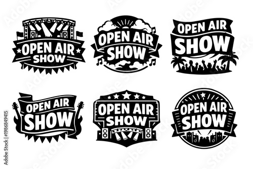 Open air show event logo set design, featuring concert stage, music notes, crowd, and festival elements