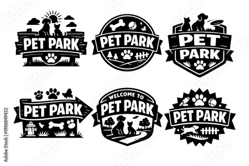 Pet park logo designs collection providing badges with dogs, cats, paw prints, bones, and playground elements
